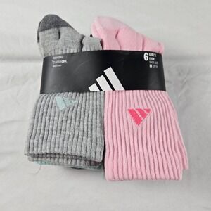 Adidas Girls Crew Socks Youth M 2Y-5Y Cushioned ClimaCool 6 Pair Pack